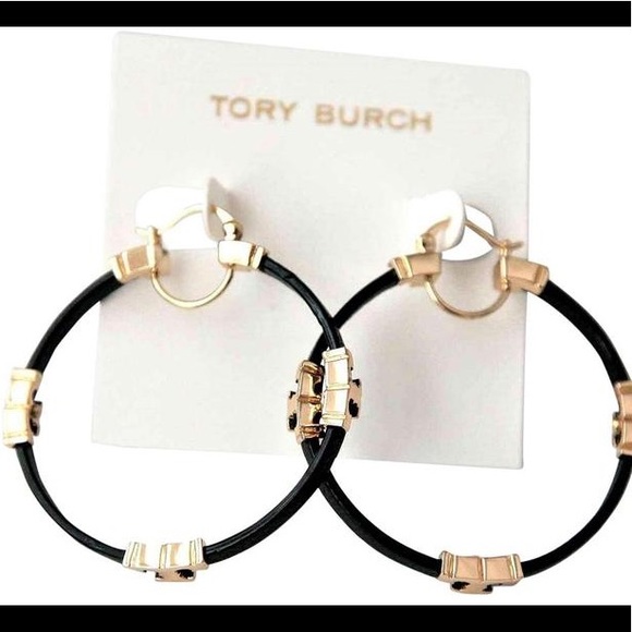 🆕 Authentic TORY BURCH Gold Black Serif T & Leather Hoop Earrings - Picture 11 of 12